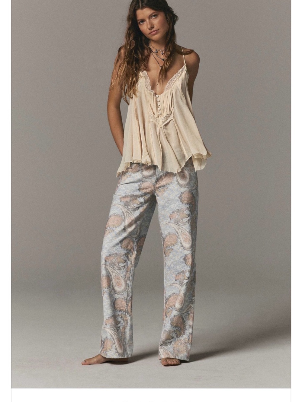 We The Free Marble-Print Wide Leg Pants in Cream and Gray